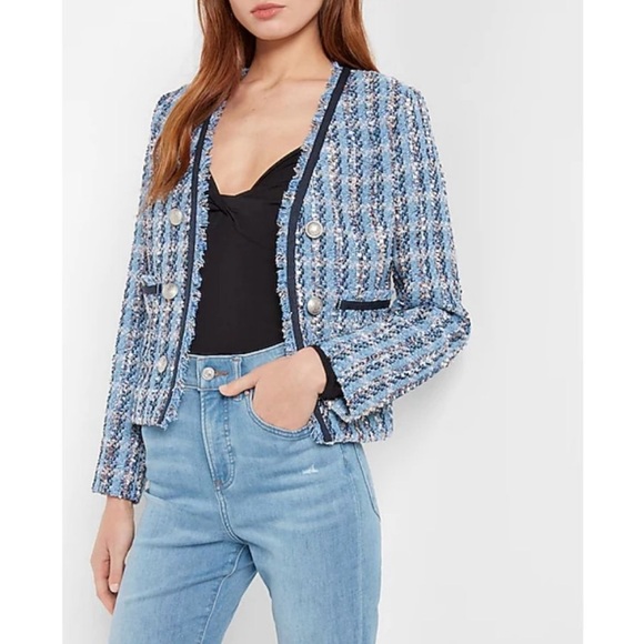 Express Blue and White Tweed Blazer - Picture 3 of 9